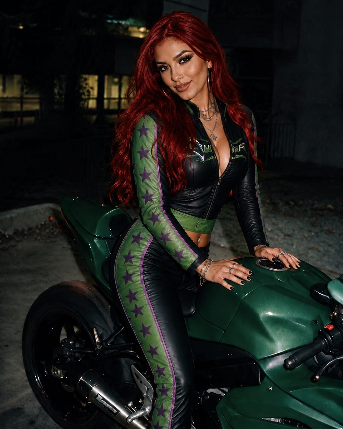 Ivy Romero con traje MotoFresh recargada en una moto verde por la noche.